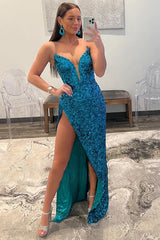 Hot Pink Prom Dress Strapless Sequin Evening Dress with Slit