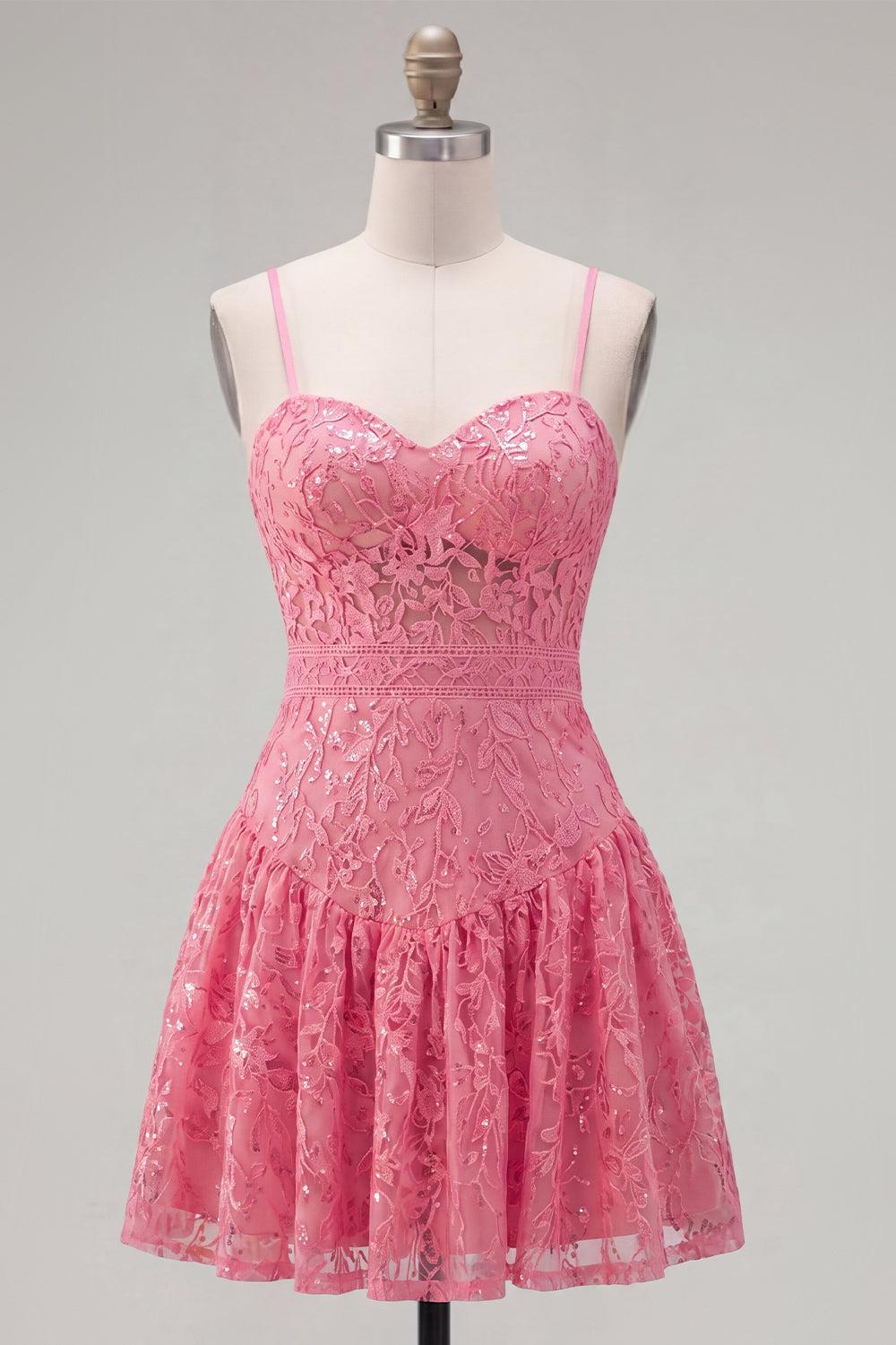 Hot Pink Short Lace Sequin Spaghetti Straps A Line Homecoming Dress with Bow
