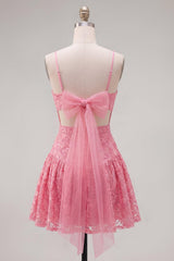 Hot Pink Short Lace Sequin Spaghetti Straps A Line Homecoming Dress with Bow