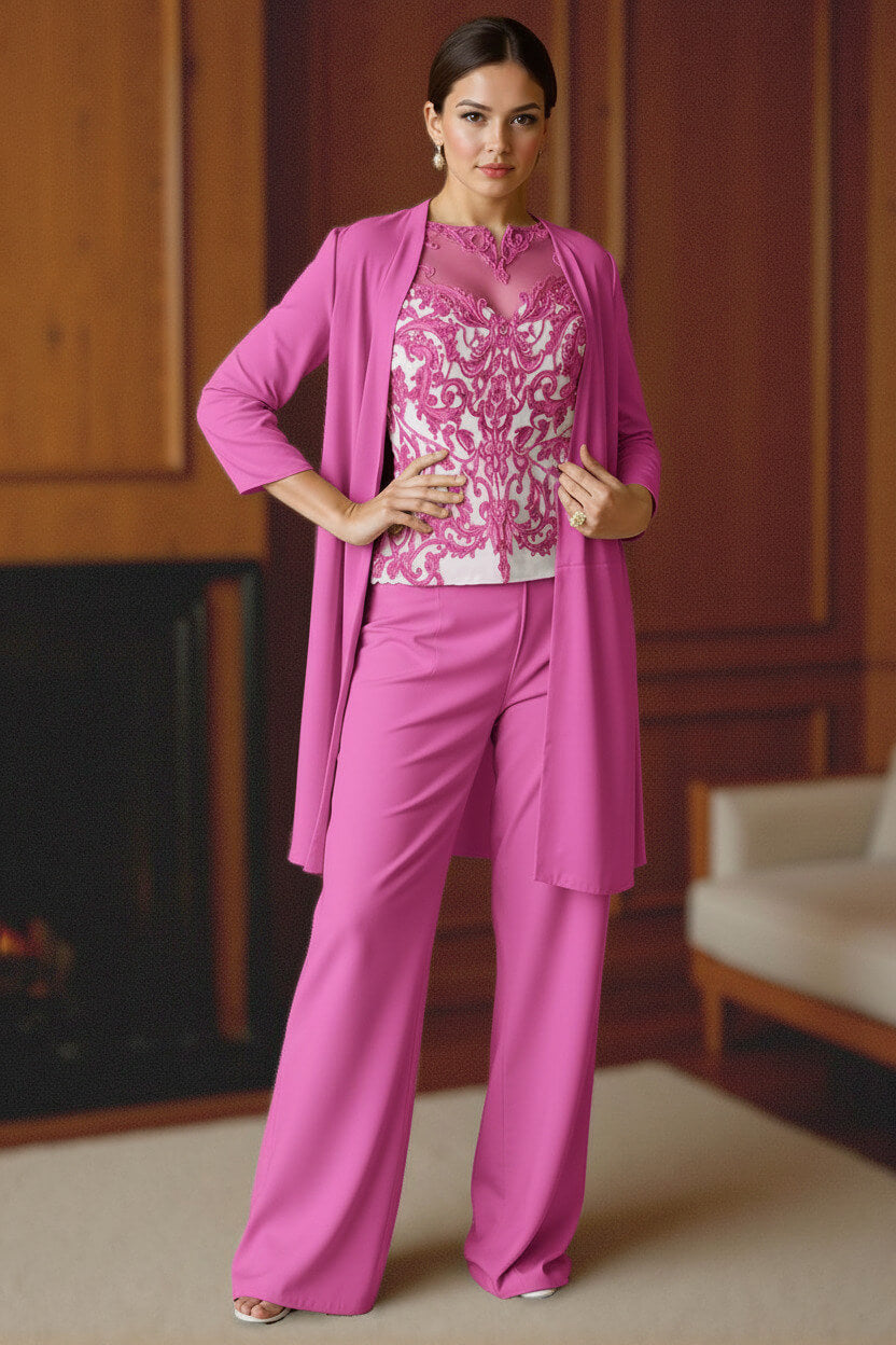 Dreamyannie Light Blue Bateau Neck Chiffon 3 Piece Mother Of The Bride Pant Suits With Jacket