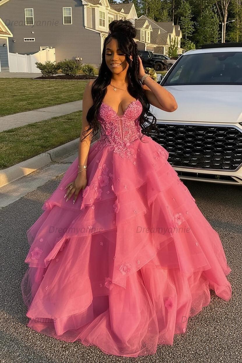 Dreamyannie Sage Prom Dress Floral Tiered Ruffles A-Line Sweetheart Corset Long Formal Dress