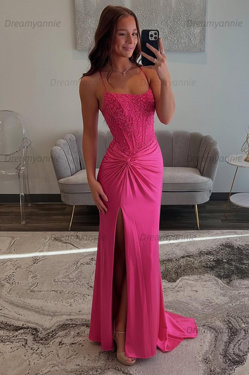 Dreamyannie Red Prom Dress Spaghetti Straps Ruhed Long Lace Formal Dress With Appliques