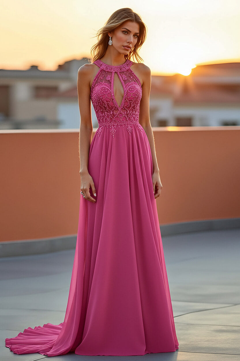 Dreamyannie Beaded Navy Wedding Guest Dress Halter Long Formal Dress With Embroideries