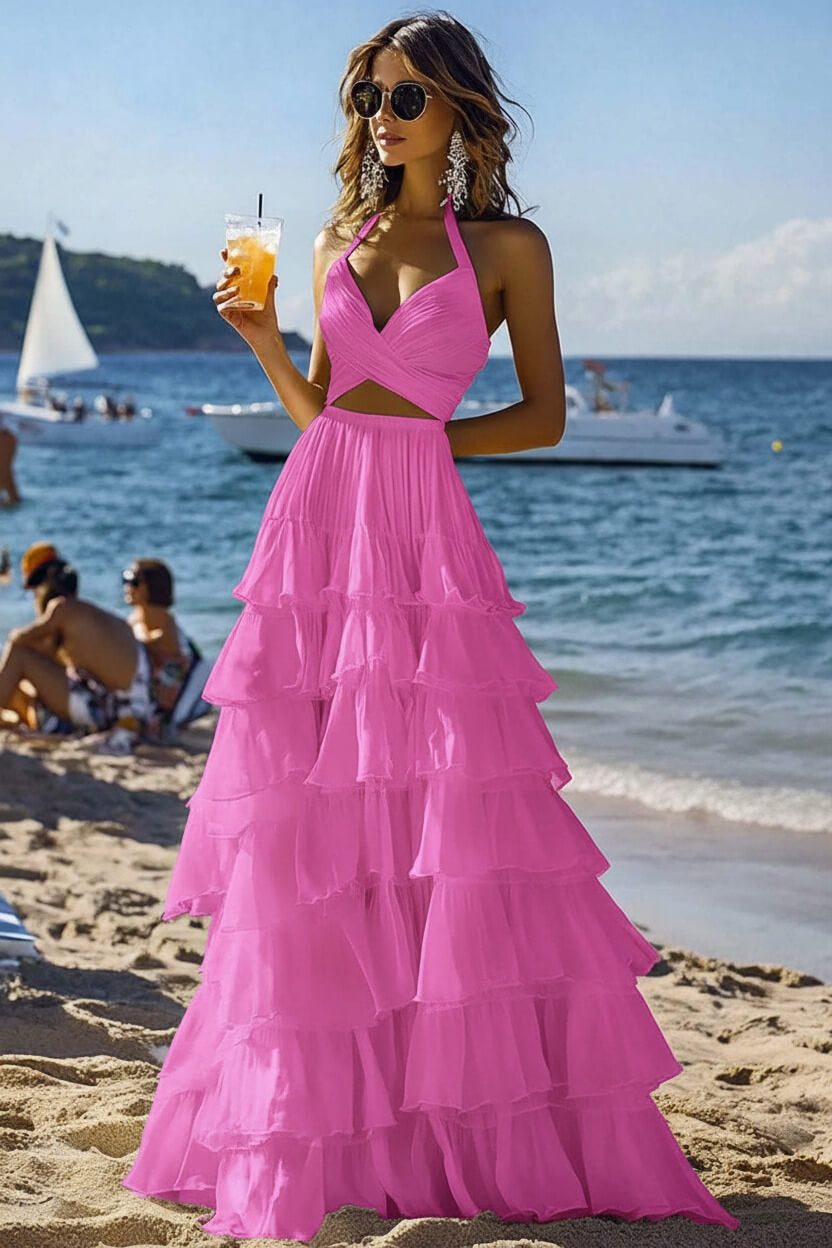 Dreamyannie Halter Tiered White 2 Piece Ruffled Formal Dress
