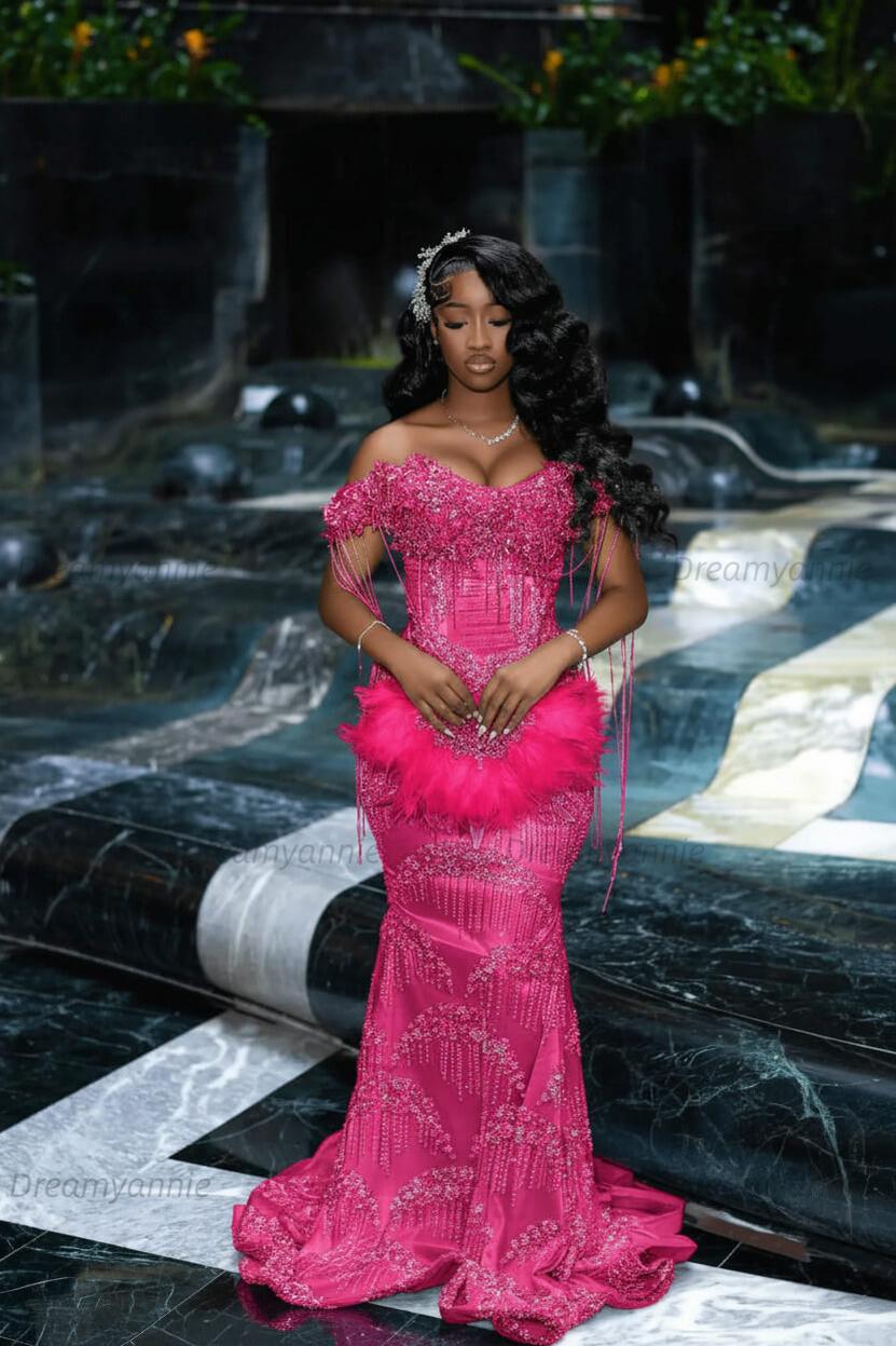 Off the Shoulder Prom Dress Mermaid Formal Evening Dress with Beadings and Rhinestones