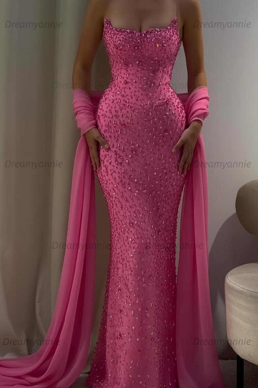 Pink Mermaid Prom Dress Strapless Beaded Formal Dress