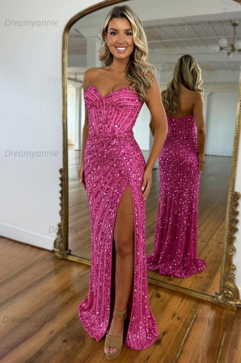Sweetheart Mermaid Sequined Prom Dress With High Slit Skirt Formal Evening Gown