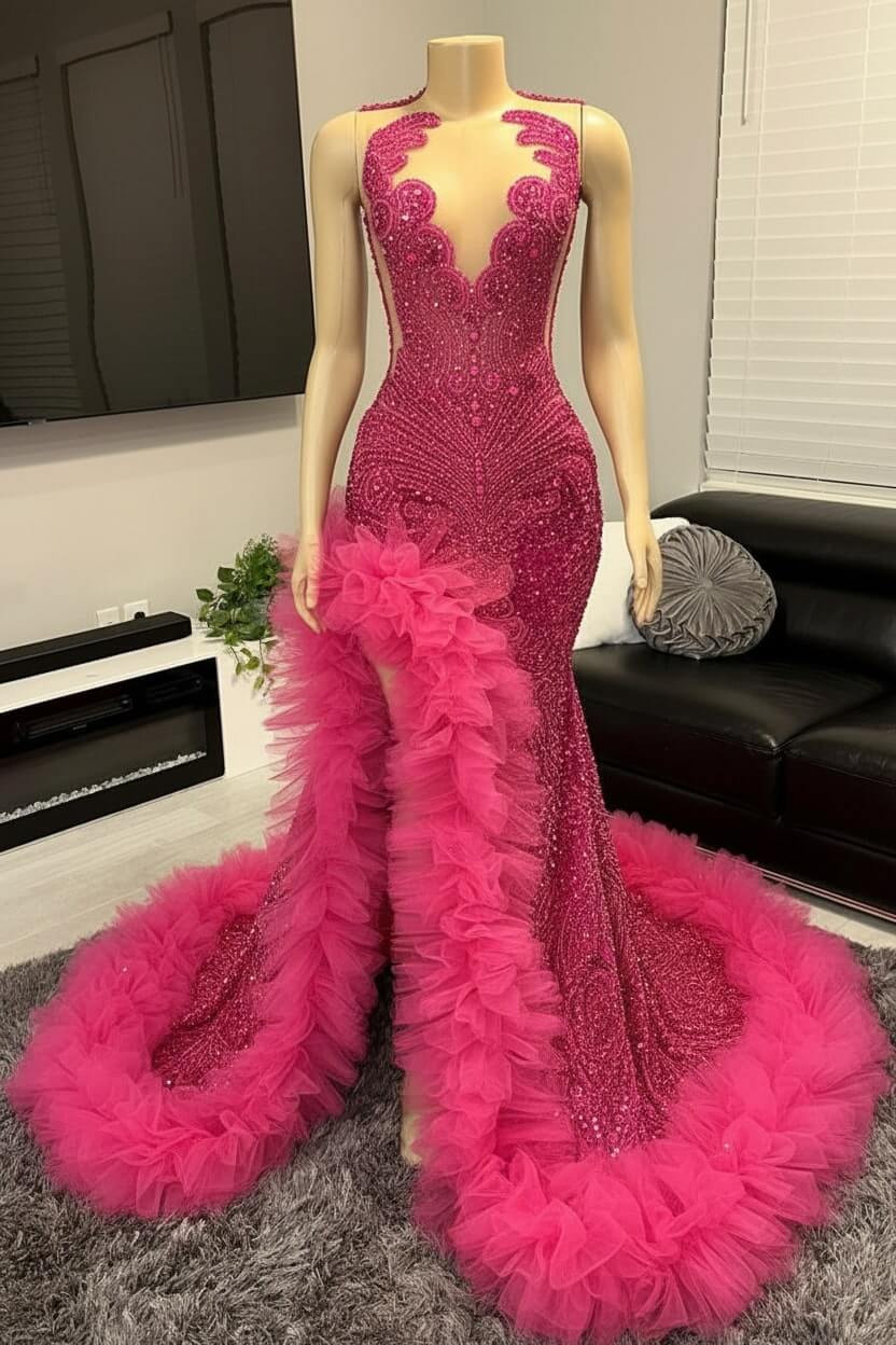 Mermaid Beaded Prom Dress Tulle Ruffles Sequined Formal Dress