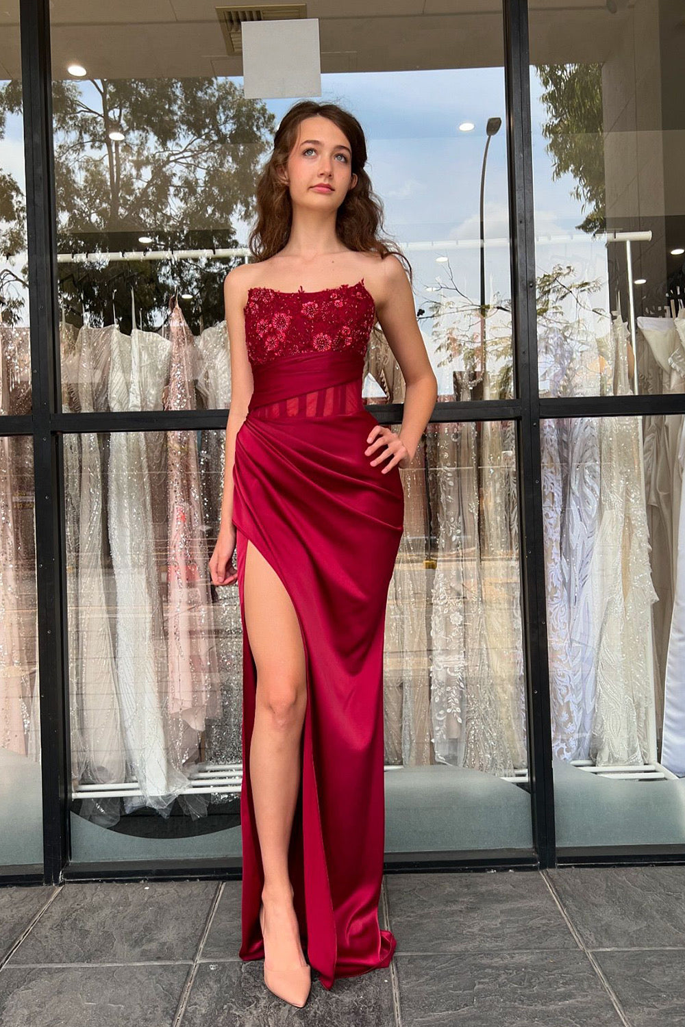 Burgundy Strapless Floral Long Prom Dress with Slit