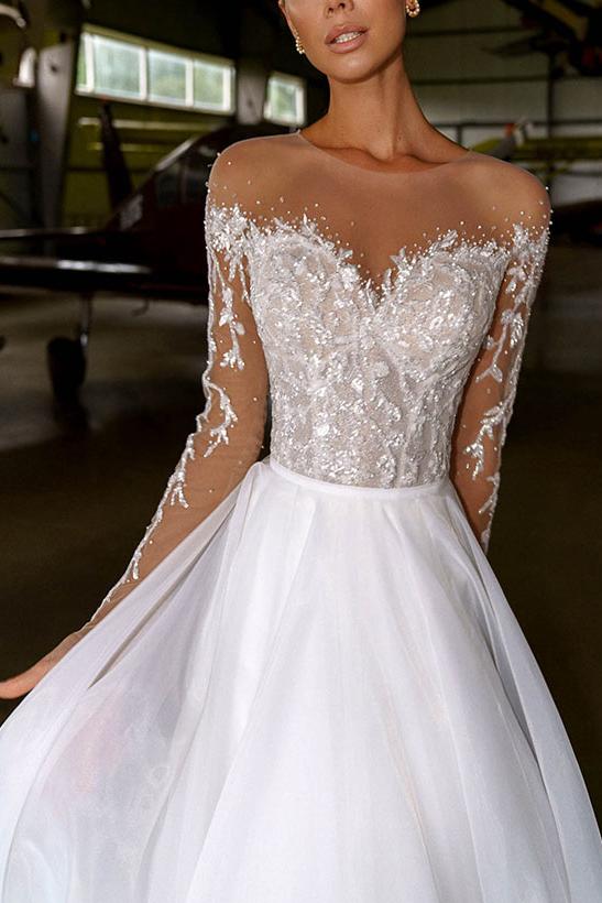 Illusion Neck A Line Wedding Dress With Beading Appliques Lace and Sweep Train