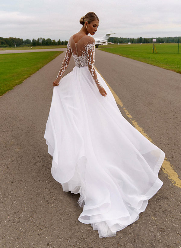 Illusion Neck A Line Wedding Dress With Beading Appliques Lace and Sweep Train