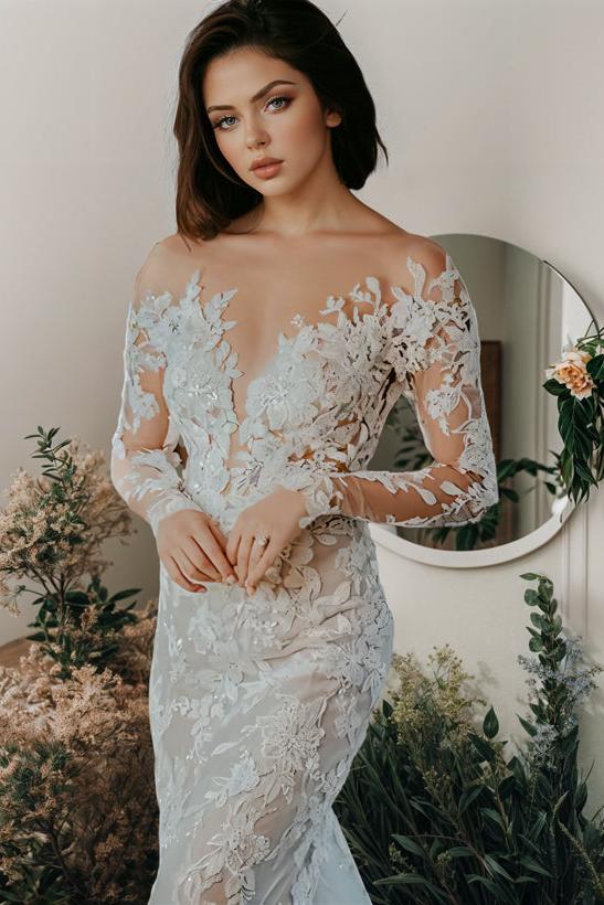 Illusion Neck Long Sleeves Lace Chapel Train Wedding Dress With Appliques Lace