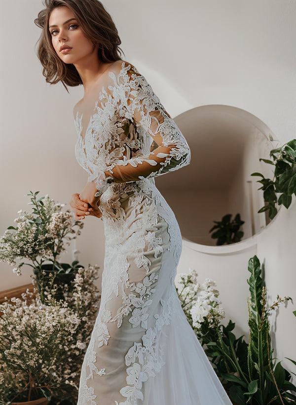 Illusion Neck Long Sleeves Lace Chapel Train Wedding Dress With Appliques Lace