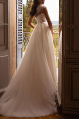 Illusion Neck Short Sleeves Tulle Wedding Dress With High Split