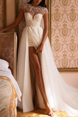 Illusion Neck Short Sleeves Tulle Wedding Dress With High Split