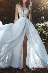 Illusion Neck Sleeveless Lace/Tulle Wedding Dress With Split Front