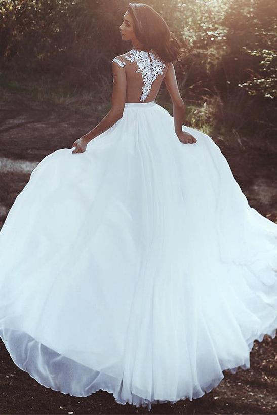 Illusion Neck Sleeveless Lace/Tulle Wedding Dress With Split Front