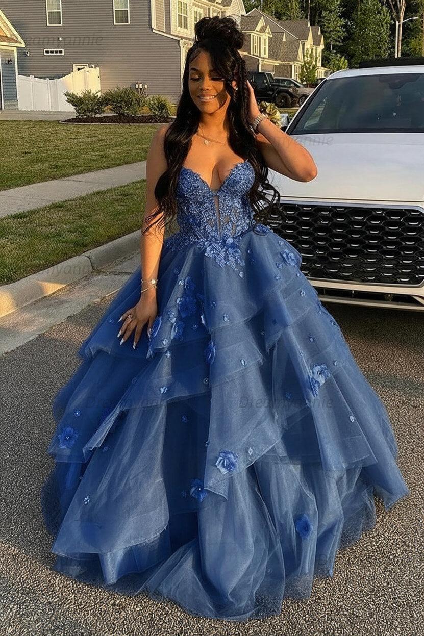 Dreamyannie Sage Prom Dress Floral Tiered Ruffles A-Line Sweetheart Corset Long Formal Dress