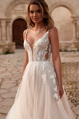 Ivory A Line Spaghetti Strap V Neck Lace Sleeveless Tulle Bridal Gown With Appliques