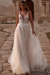 Ivory A Line Spaghetti Strap V Neck Lace Sleeveless Tulle Bridal Gown With Appliques