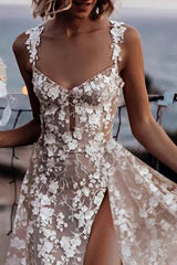 Ivory A Line Spaghetti Strap V Neck Sleeveless Lace Tulle Bridal Gown With High Slit