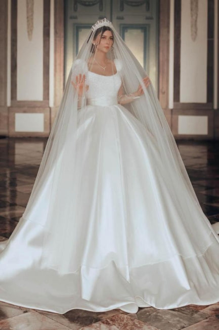 Ivory A Line Square Neck Satin Glitter Bridal Gown With Sleeves