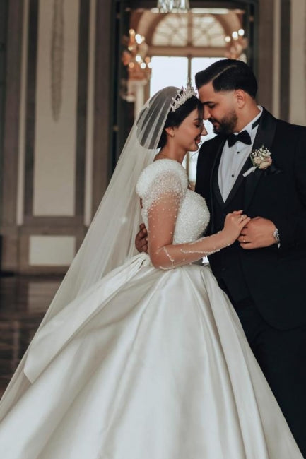 Ivory A Line Square Neck Satin Glitter Bridal Gown With Sleeves