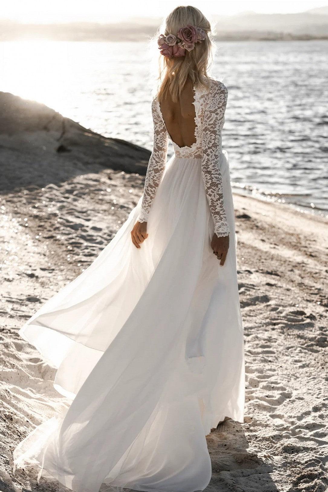 Dreamyannie Women Ivory A-Line Wedding Dress Backless Floor Length