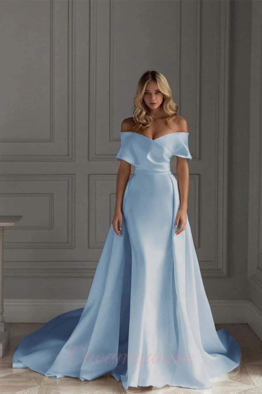 Ivory A Line Wedding Dress Off the Shoulder Bridal Dress with Panel Train