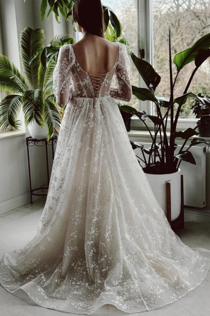 Ivory A Line Wedding Dress Sleeves Lace Bridal Gown With Slit