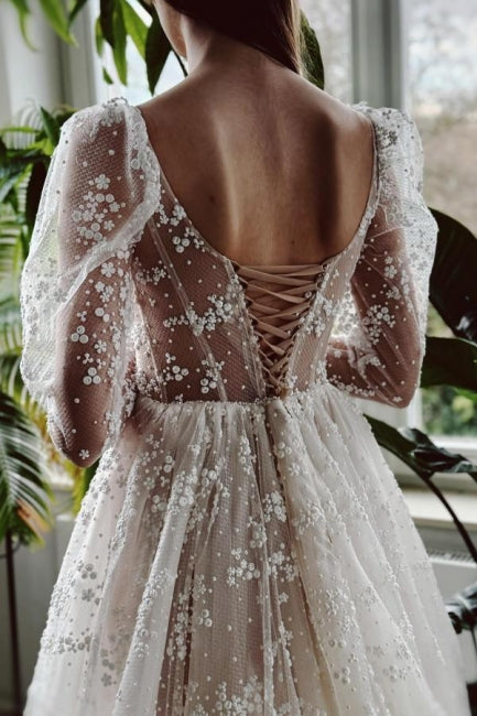 Ivory A Line Wedding Dress Sleeves Lace Bridal Gown With Slit