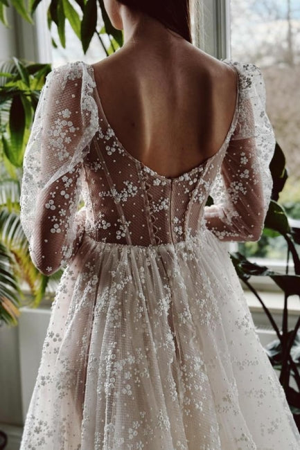 Ivory A Line Wedding Dress Sleeves Lace Bridal Gown With Slit