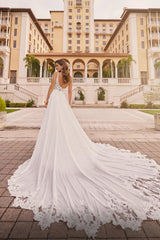 Ivory A Line Wedding Dress Spaghetti Straps V Neck Lace Bridal Gown With Slit