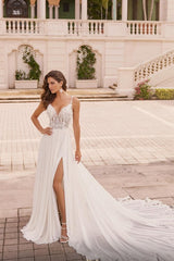 Ivory A Line Wedding Dress Spaghetti Straps V Neck Lace Bridal Gown With Slit