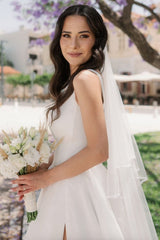 Ivory A Line Wedding Dress Straps Tulle Sleeveless Bridal Gown With Slit