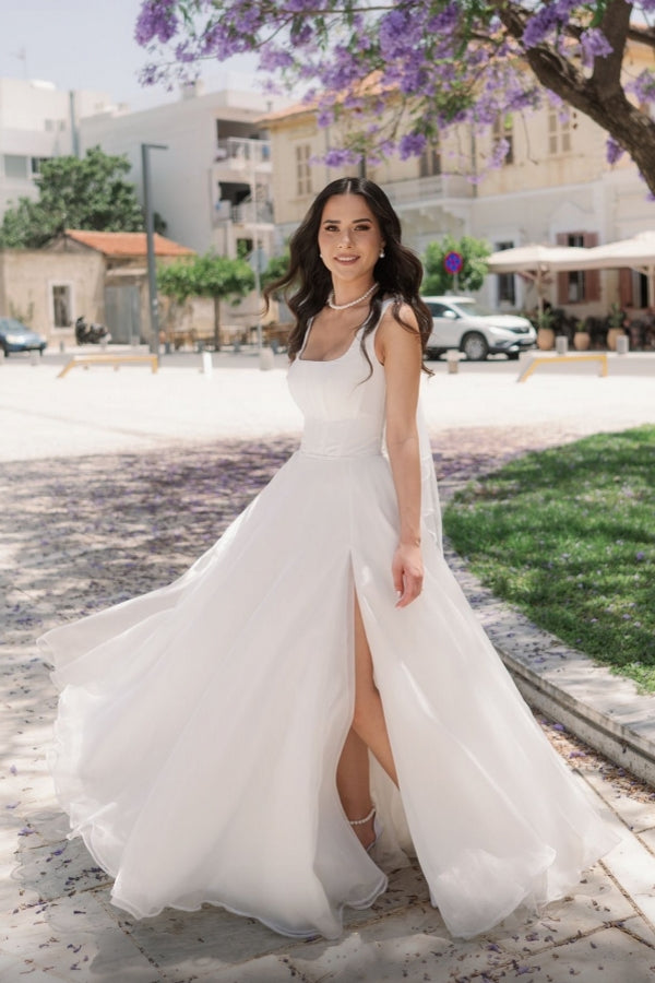 Ivory A Line Wedding Dress Straps Tulle Sleeveless Bridal Gown With Slit
