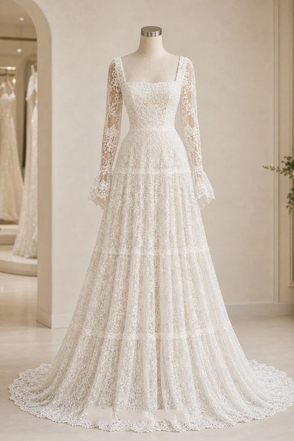 Ivory Boho Lace A Line Wedding Dress with Square Neck and Bell Sleeves