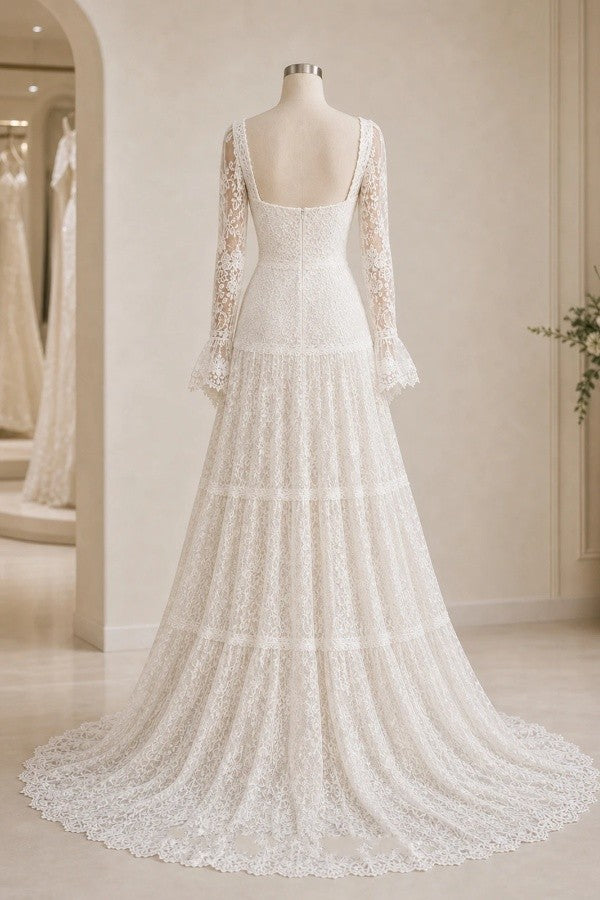 Ivory Boho Lace A Line Wedding Dress with Square Neck and Bell Sleeves