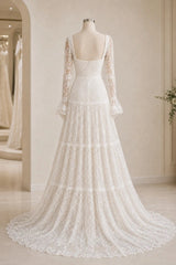 Ivory Boho Lace A Line Wedding Dress with Square Neck and Bell Sleeves
