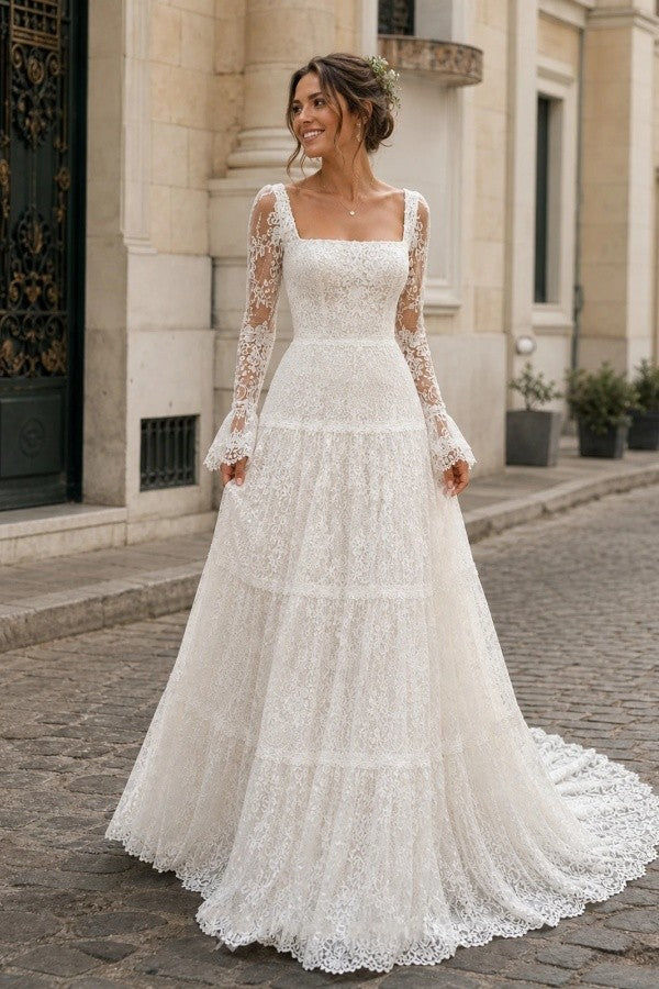 Ivory Boho Lace A Line Wedding Dress with Square Neck and Bell Sleeves