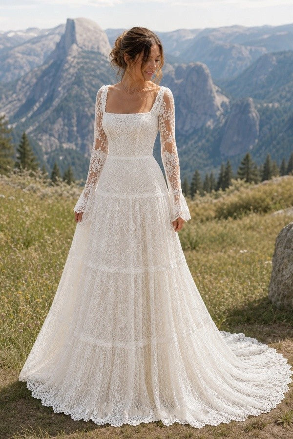 Ivory Boho Lace A Line Wedding Dress with Square Neck and Bell Sleeves