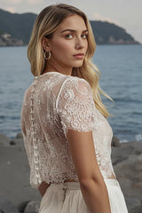 Ivory Chiffon A Line Two Piece Wedding Dress with Lace Crop Top