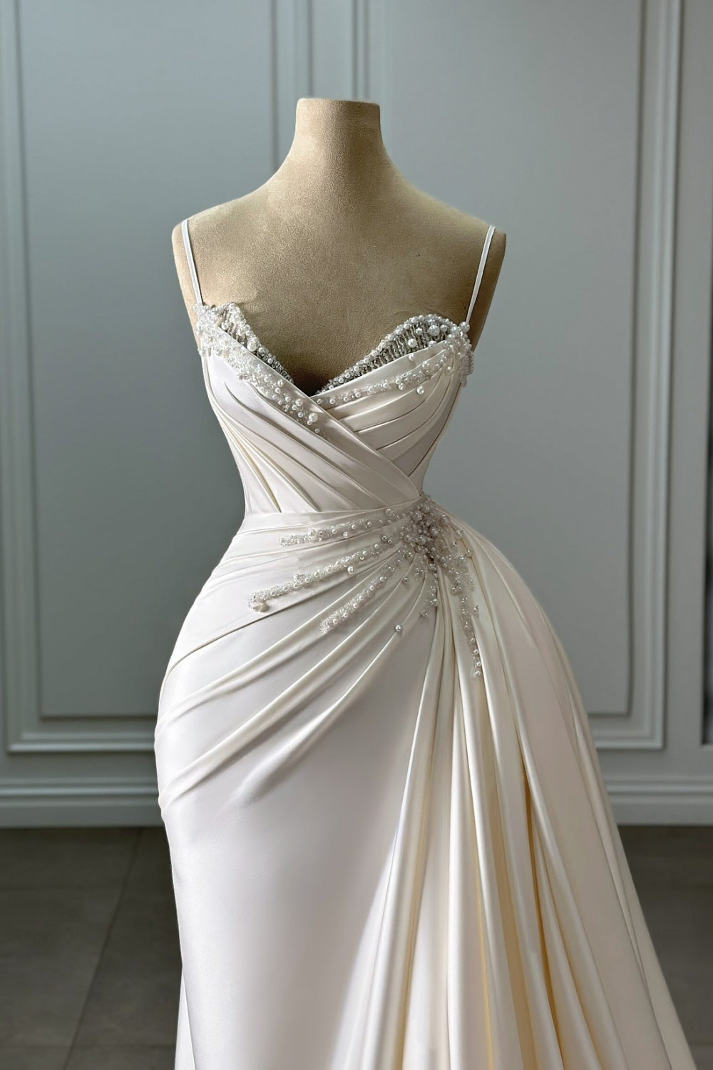 Ivory Column Sweetheart Spaghetti Strap Sleeveless Beaded Panel Train Ruffle Long Satin Bridal Gown With Pearls