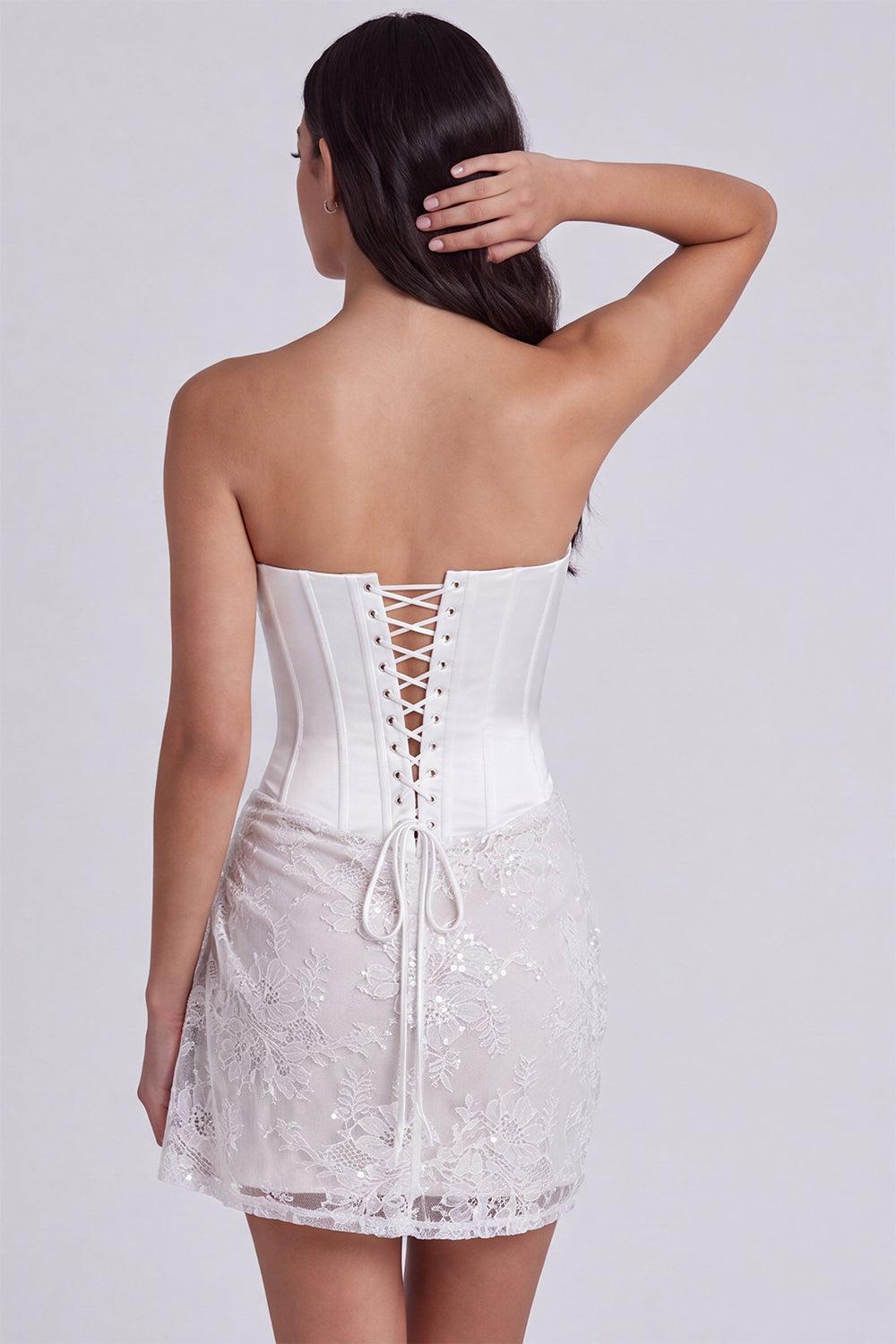 Ivory Corset Lace Tight Ruched Strapless Short Engagement Dress