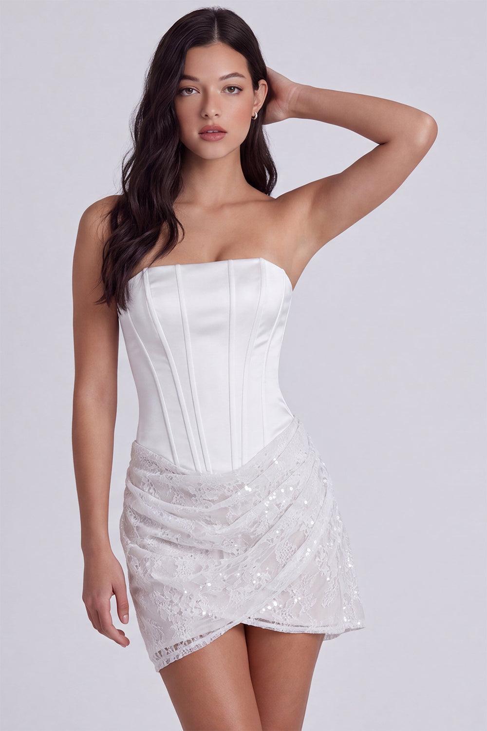 Ivory Corset Lace Tight Ruched Strapless Short Engagement Dress