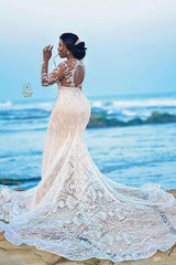Ivory Crew Neck Bridal Dress Mermaid Long Sleeves Tulle Lace Beaded Bridal Dress