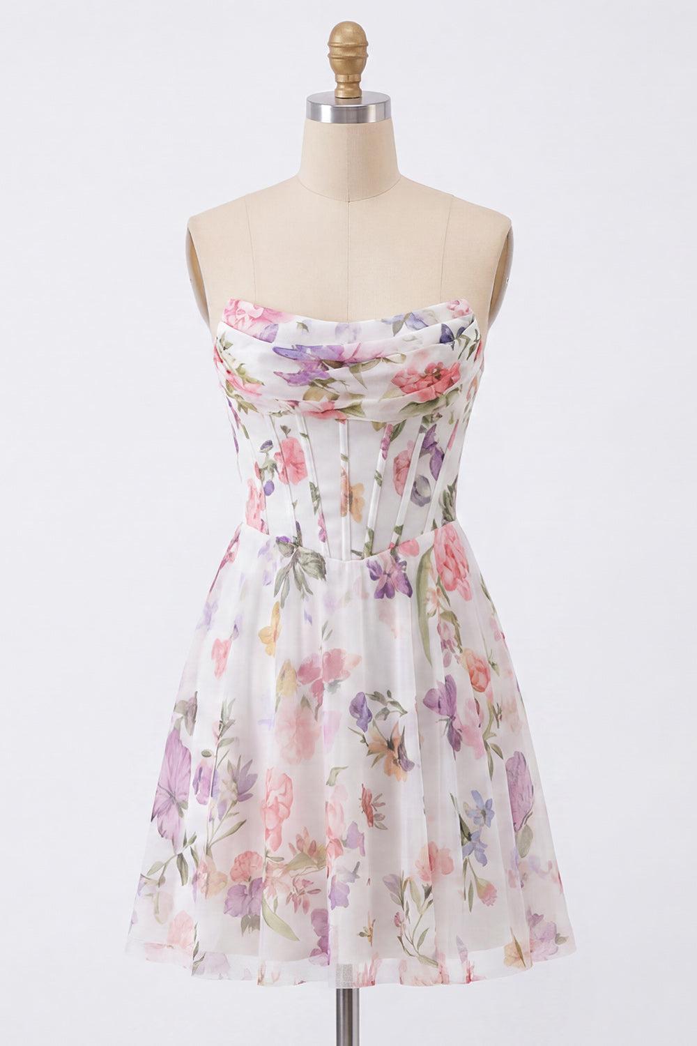 Ivory Floral Strapless Corset Short A Line Homecoming Dress