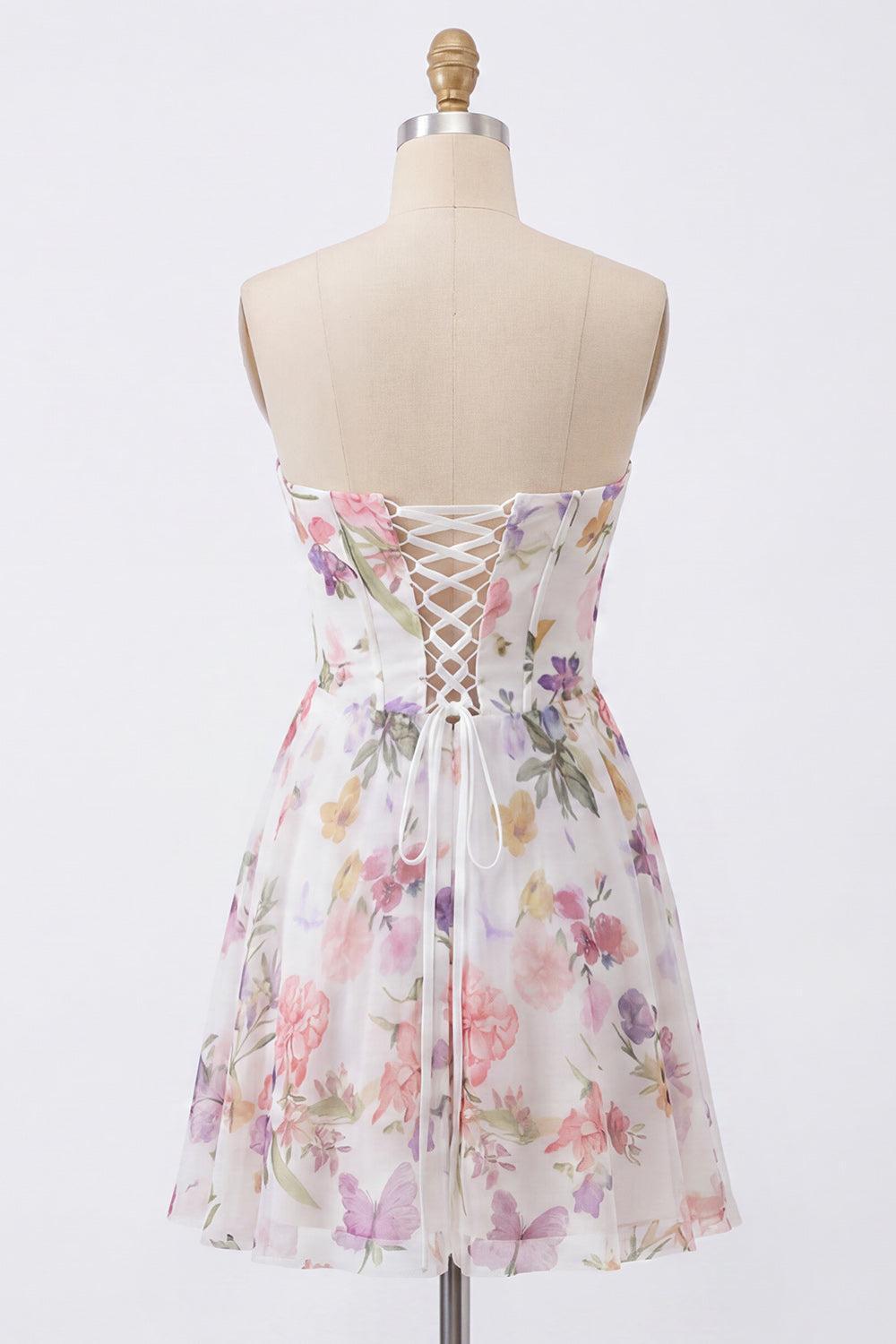 Ivory Floral Strapless Corset Short A Line Homecoming Dress