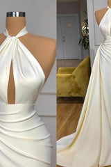 Ivory Halter Long Wedding Dress With Split Detachable Train