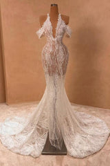 Ivory Halter Off The Shoulder Mermaid Slit Formal Dress With Lace